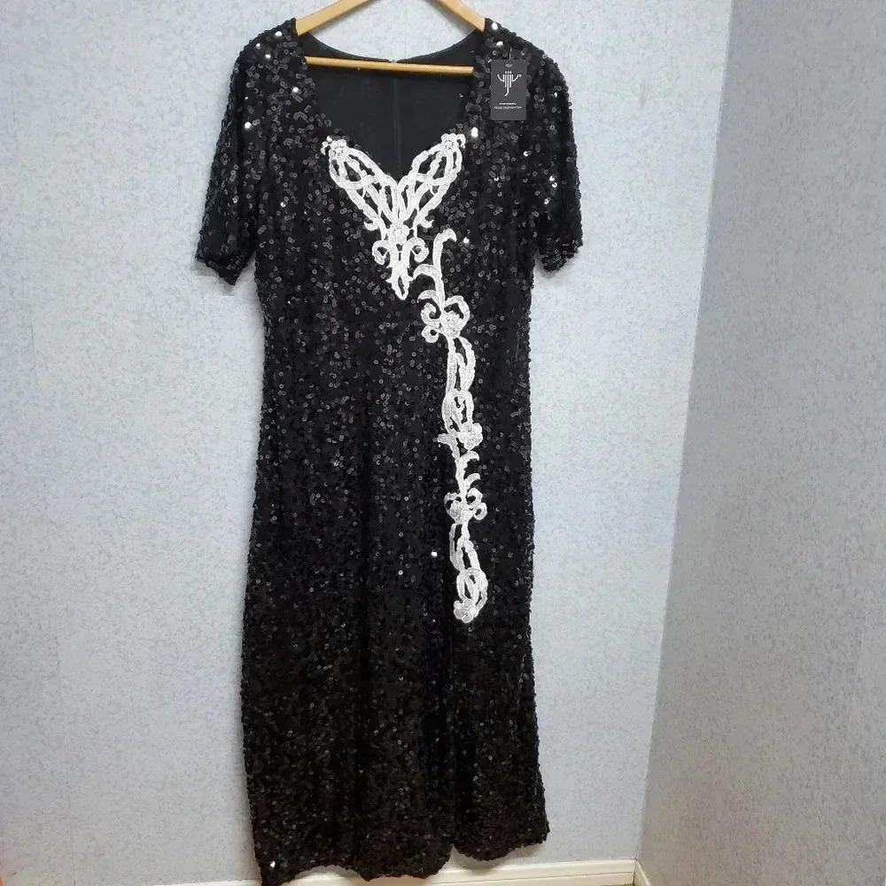 Vintage Cocktail Party Black Sequin Vijiv Festive Night Dress Size L